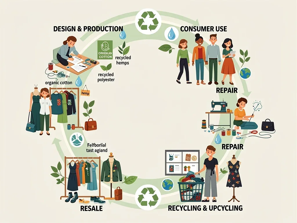 Diagram illustrating the circular fashion lifecycle from production to recycling