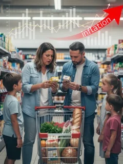 Family concerned by rising prices in a grocery store due to inflation.
