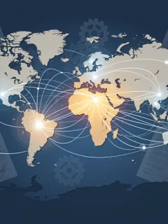 Global trade network illustration with U.S. focus and legal documents.