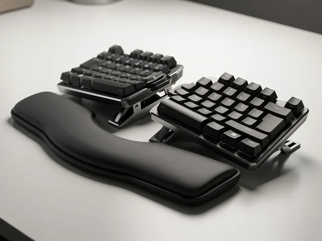 Advanced ergonomic split keyboard with adjustable tenting and integrated wrist rest.