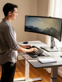 Modern home office with ergonomic setup, adjustable desk, ergonomic keyboard, mouse, and curved monitor.