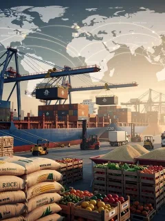 Cargo ships loaded with U.S. agricultural exports departing a port, symbolizing global food trade.