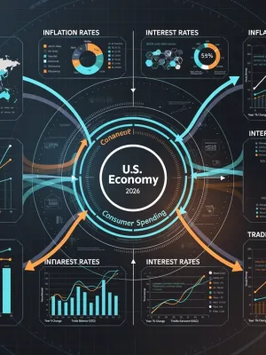 Infographic showing global economic indicators influencing US consumer spending in 2026.