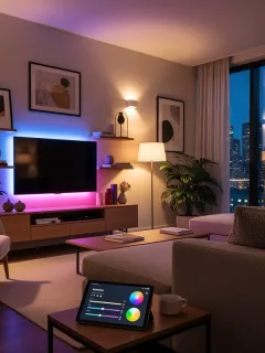 Modern living room with customizable smart lighting creating a warm, inviting ambiance, controlled by a tablet.