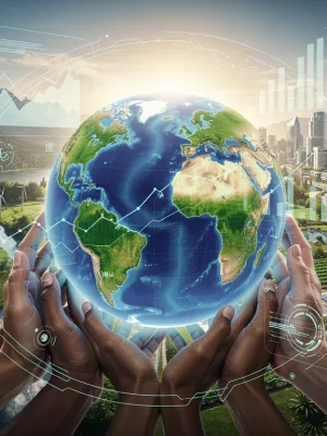 Global leaders collaborating on climate diplomacy, symbolizing international agreements and economic impact in 2026.