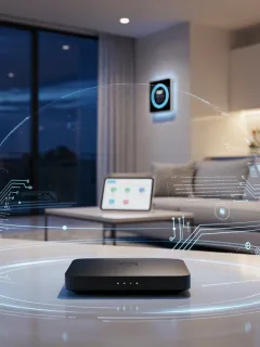 Futuristic smart home with secure router protecting connected devices