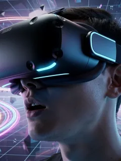 Futuristic VR headset worn by user in immersive digital environment