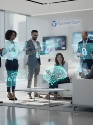 Consumers engaging with AI and data privacy in a futuristic setting, building trust with US brands.