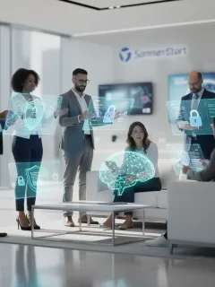 Consumers engaging with AI and data privacy in a futuristic setting, building trust with US brands.