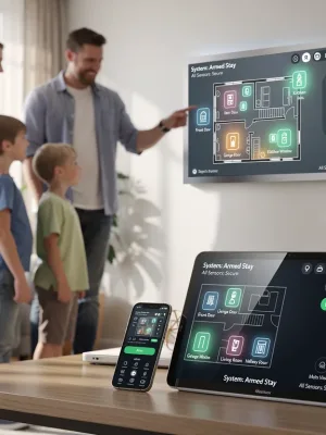 Family using smart home security system control panel