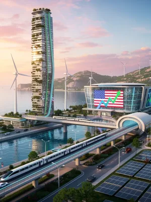 Futuristic cityscape with green energy infrastructure, symbolizing sustainable economic growth.