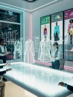 AI-powered fashion design studio with holographic garment projections and human designers