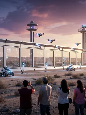 Futuristic U.S.-Mexico border with advanced security and drones in 2026