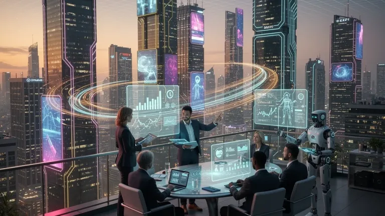 Futuristic cityscape with data streams and professionals adapting to AI-driven economic changes.