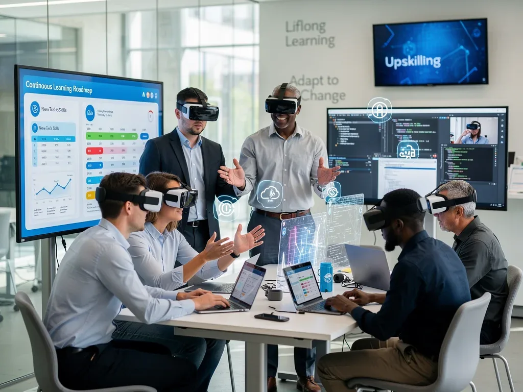 Professionals engaged in upskilling and reskilling for future AI-driven job roles.