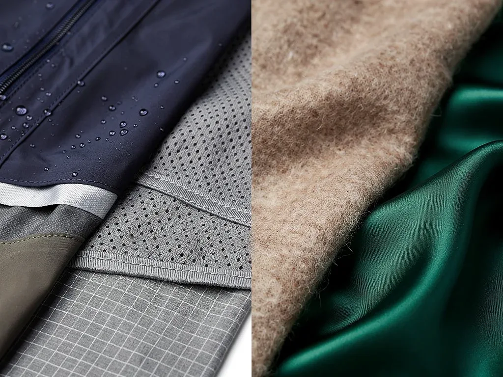 Technical outerwear fabric next to high-end casualwear fabric textures