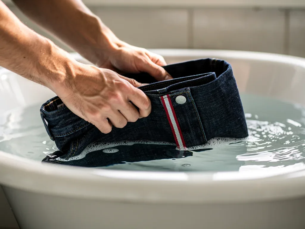 Initial soak of selvedge denim in cool water with mild detergent