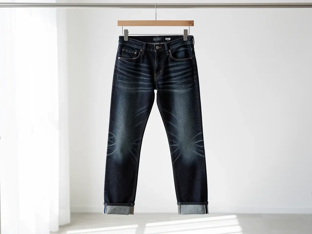 Air-drying selvedge denim jeans on a hanger to preserve indigo fades