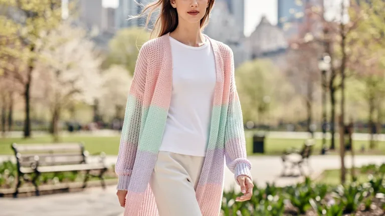 Model in lightweight pastel knit cardigan for Spring 2026 layering