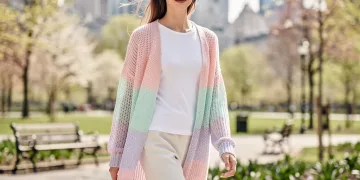 Model in lightweight pastel knit cardigan for Spring 2026 layering