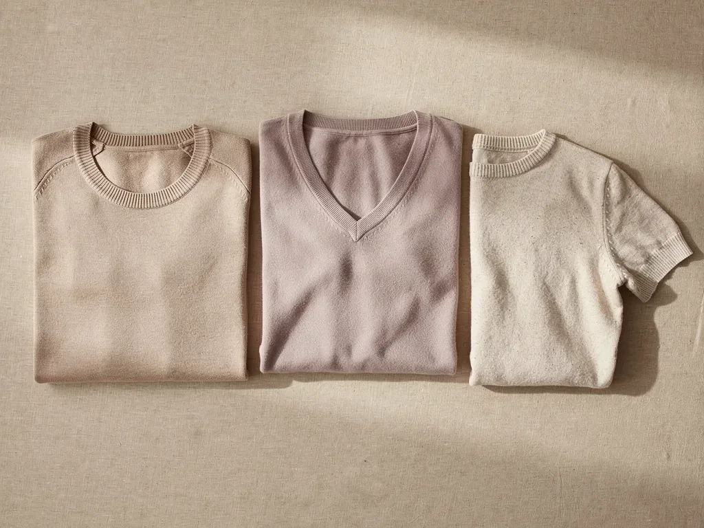 Flat lay of lightweight merino, cashmere, and cotton-linen knits