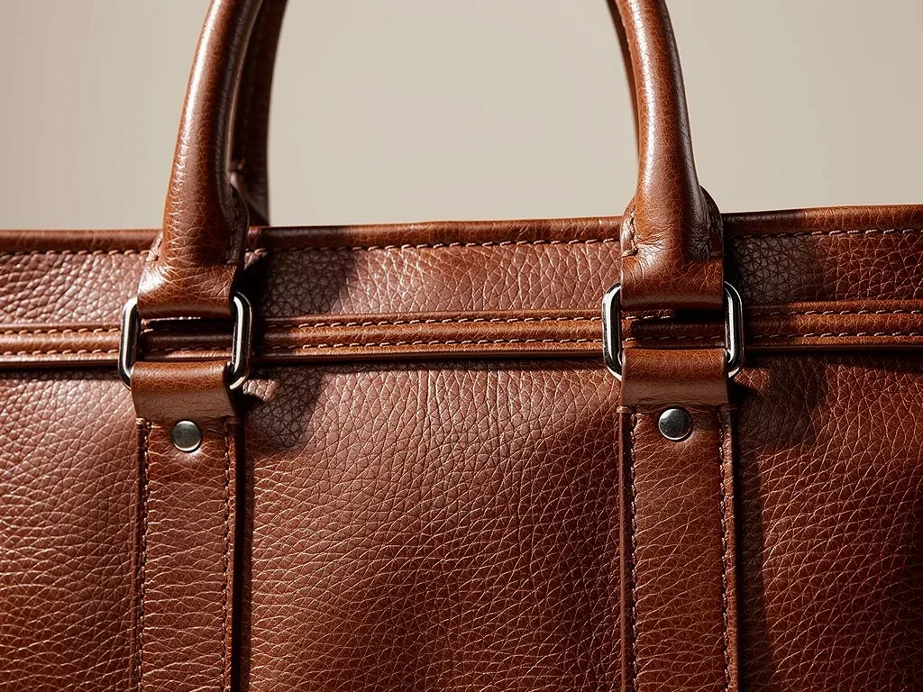 Detail of a high-quality, unbranded leather tote, showcasing craftsmanship and material.