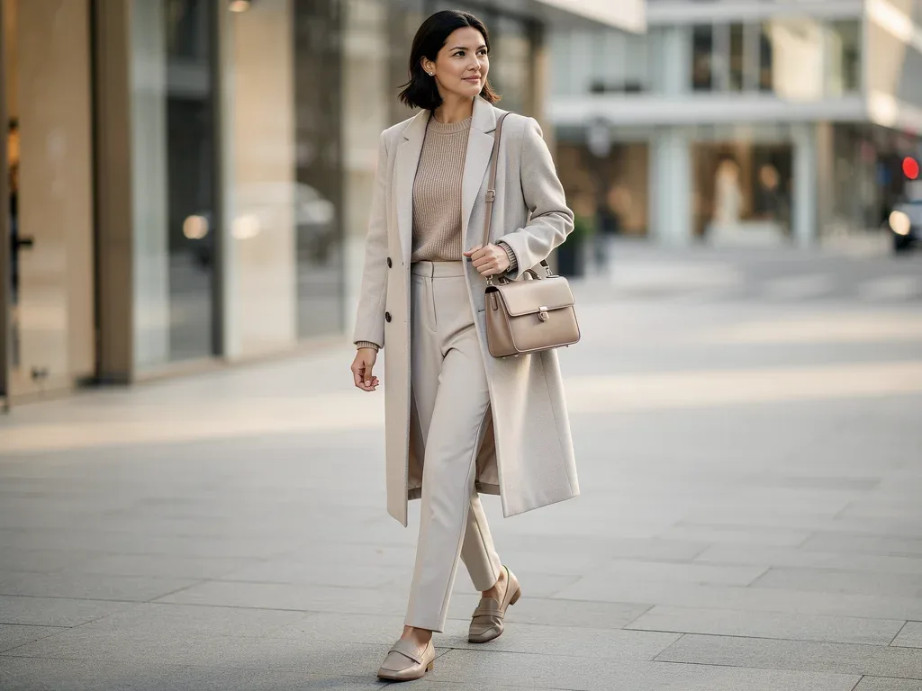 Woman carrying a discreet quiet luxury shoulder bag in a modern urban setting.