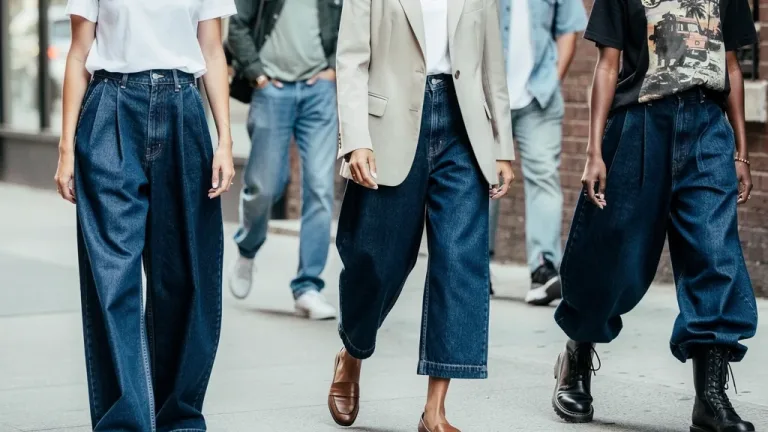 Models wearing wide-leg raw denim jeans in an urban fashion shoot, highlighting the fabric's texture.