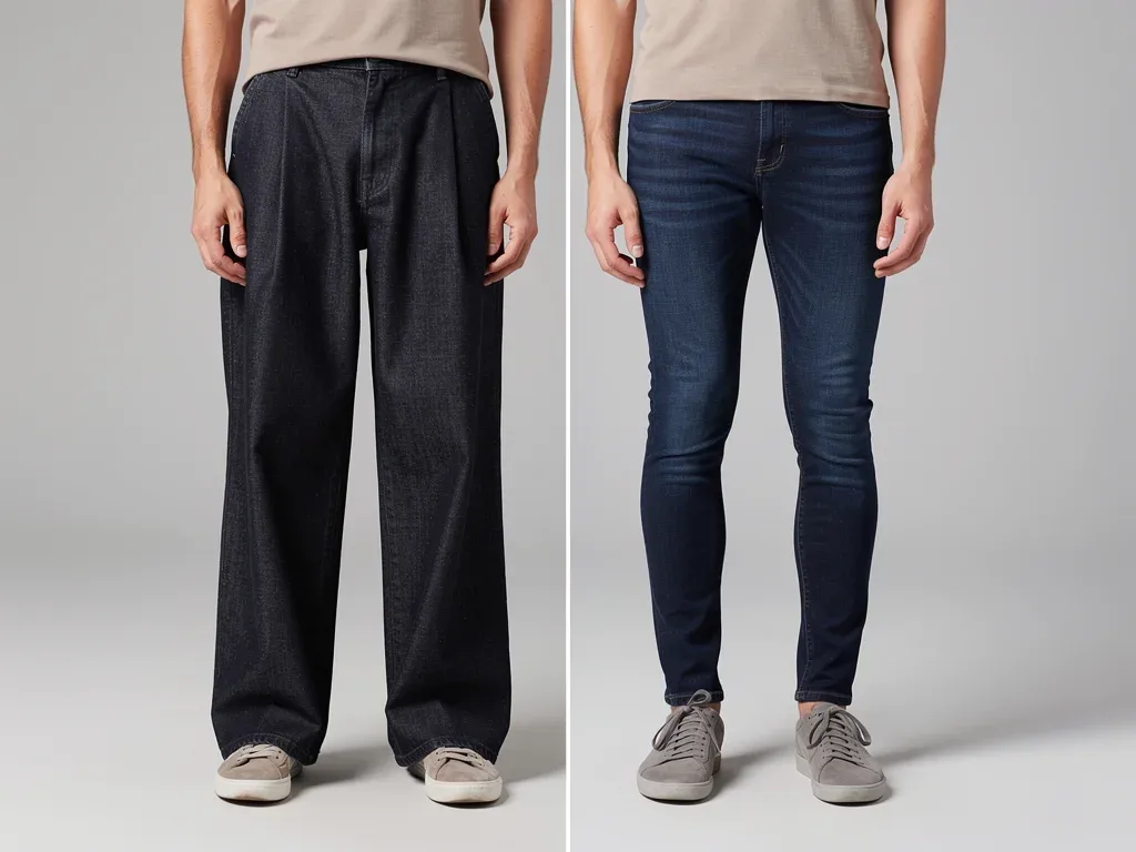 Visual comparison of wide-leg raw denim versus slim-fit stretch denim, highlighting silhouette differences.