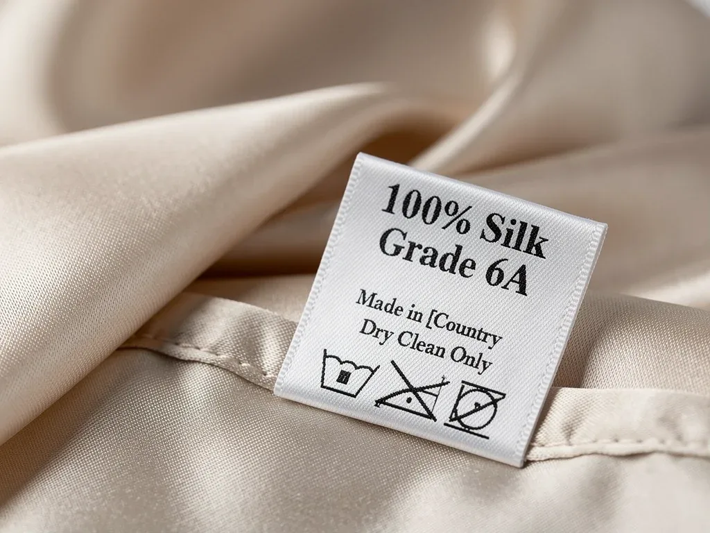 Detailed garment label on real Silk Grade 6A fabric, showcasing new 2026 US mandates