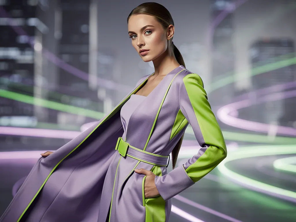 Model in Digital Lavender and Cyber Lime outfit, modern fashion trend.