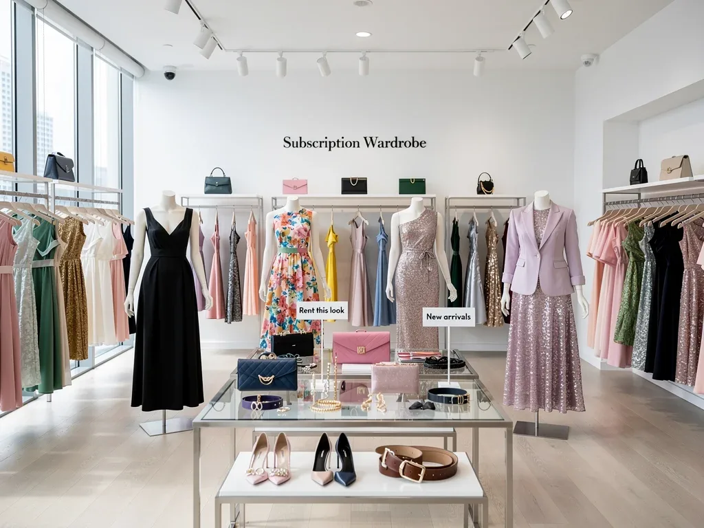 Designer garments displayed for a clothing rental subscription service.