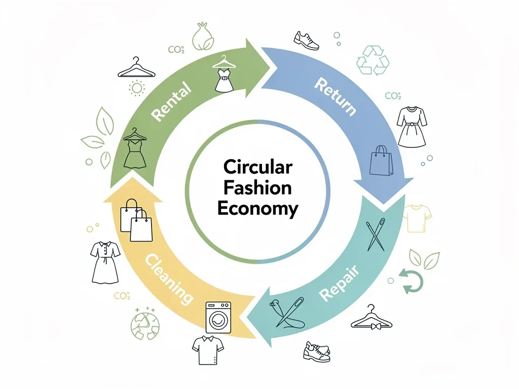 Circular fashion model showing repeated clothing use, cleaning, repair and redistribution.