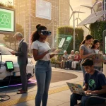 The 2026 Consumer: New Values & Spending Habits in the US Diverse US consumers interacting with future tech and eco products