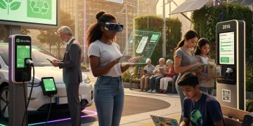 Diverse US consumers interacting with future tech and eco products