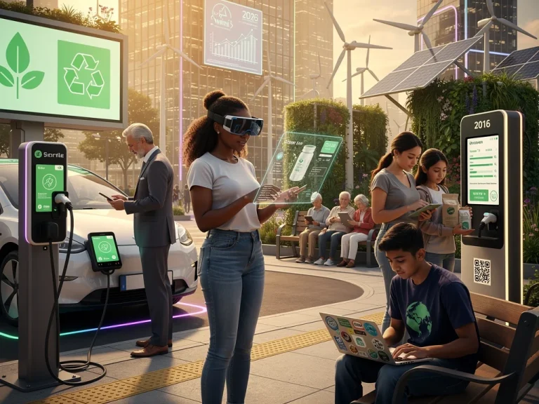 Diverse US consumers interacting with future tech and eco products