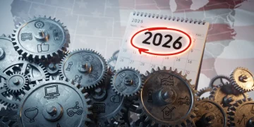 Dynamic visual of gears symbolizing US industries under a changing policy landscape for 2026.