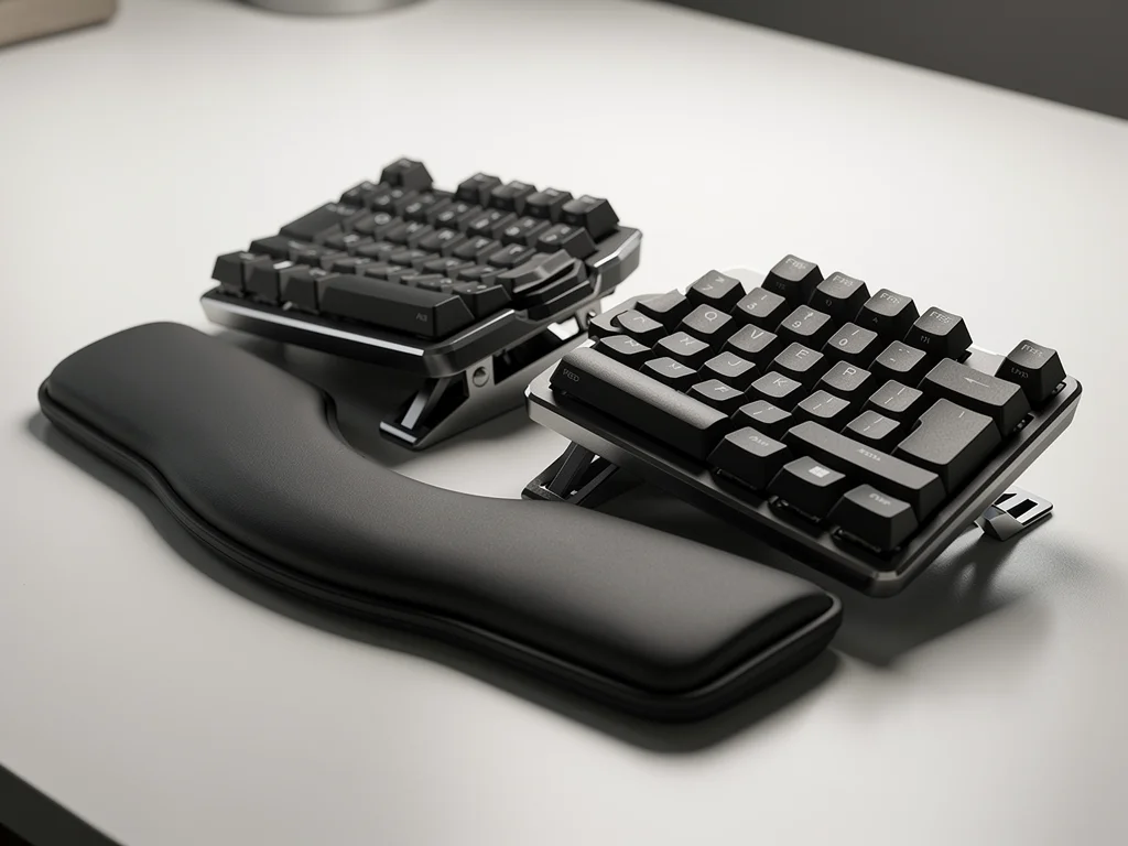 Advanced ergonomic split keyboard with adjustable tenting and integrated wrist rest.