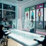 AI-powered fashion design studio with holographic garment projections and human designers