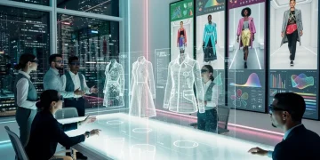 AI-powered fashion design studio with holographic garment projections and human designers