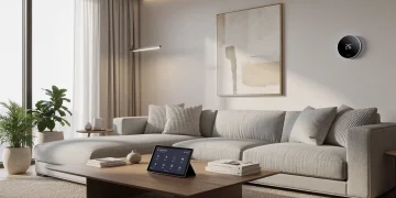 Integrated AI smart home devices in a modern living room setting