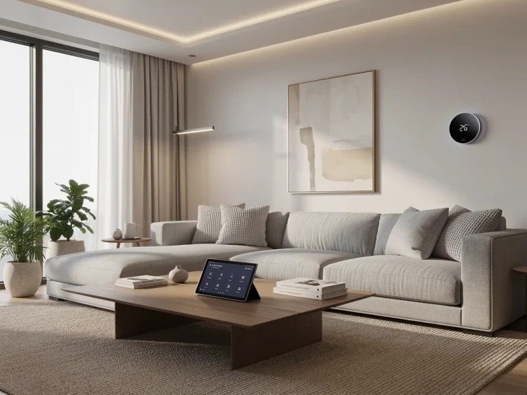 Integrated AI smart home devices in a modern living room setting