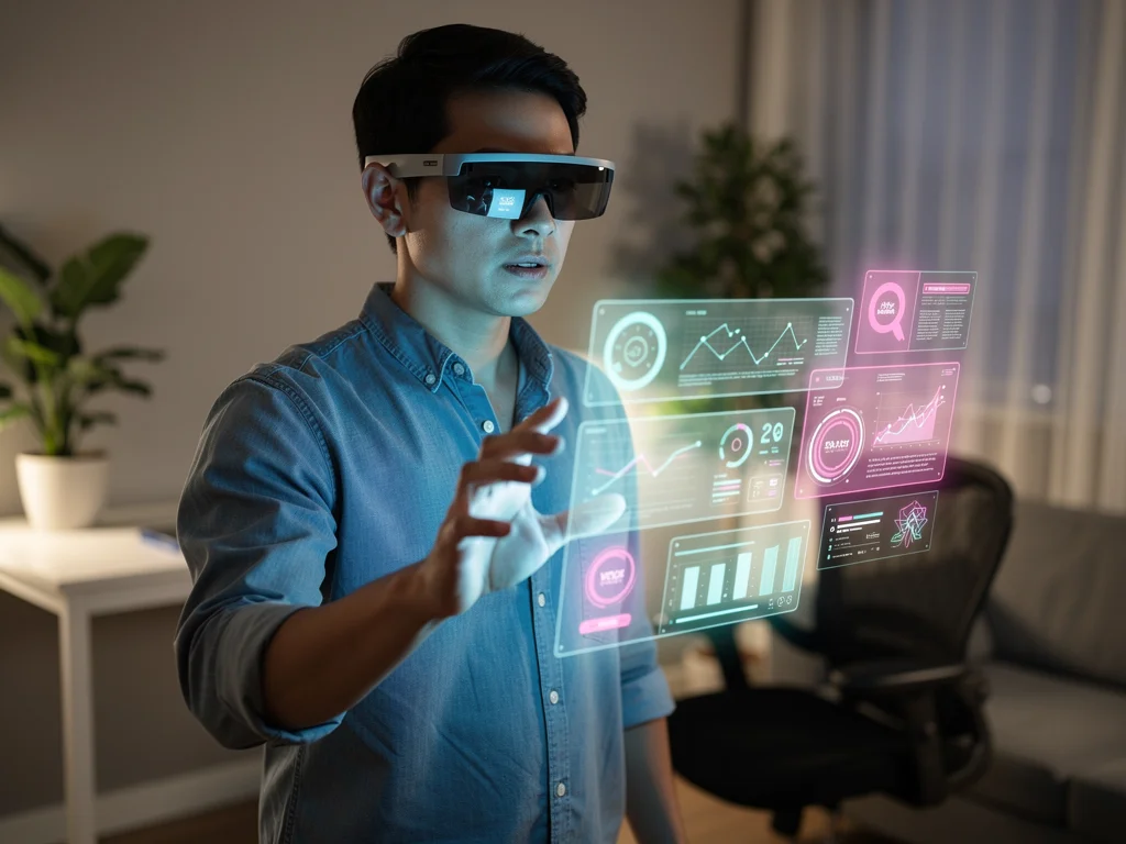 User interacting with holographic interface through lightweight AR glasses