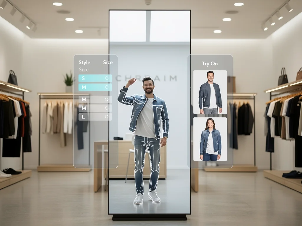 Customer using augmented reality mirror for virtual try-on in retail
