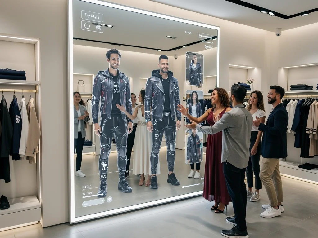 Consumers using an augmented reality mirror to virtually try on AI-designed clothes in a store