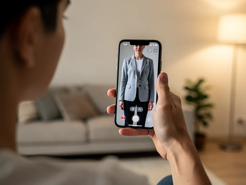 Consumer trying on virtual jacket with AR app on smartphone