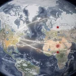 Arctic Geopolitics 2026: US Interests vs. Russia's New Bases Satellite map showing Arctic shipping lanes, resource zones, US strategic points, and Russian military bases.