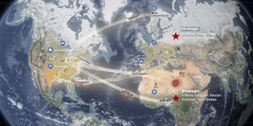 Satellite map showing Arctic shipping lanes, resource zones, US strategic points, and Russian military bases.