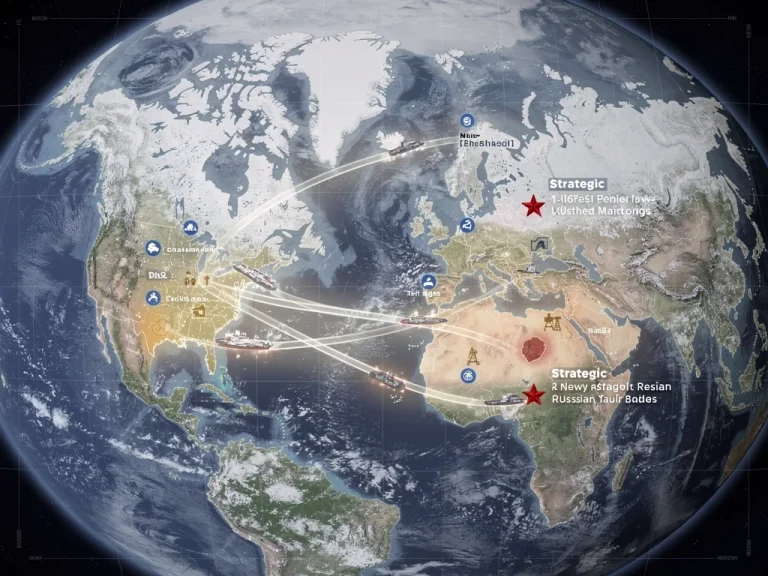 Satellite map showing Arctic shipping lanes, resource zones, US strategic points, and Russian military bases.
