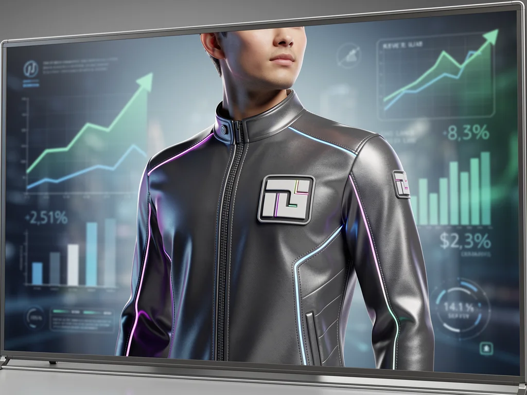 Avatar showcasing branded virtual apparel with financial data
